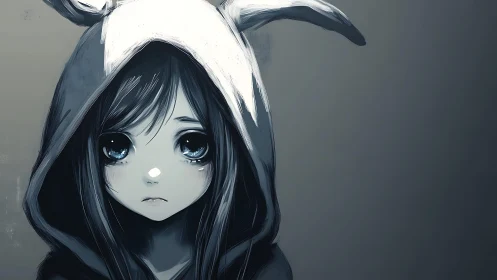 Melancholic girl in rabbit hood under muted monochrome light.