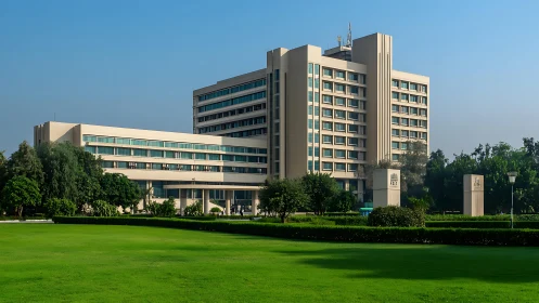Modern institutional building with landscaped green lawn.