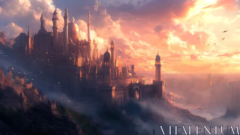 Sunlit fantasy citadel stands over misty coastal cliffs