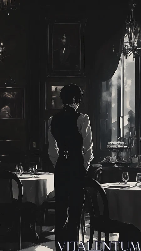 Waiter standing in dim restaurant interior near window.