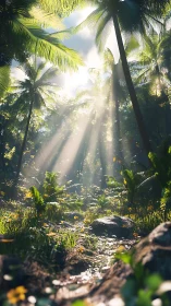 Sunrays weave silver threads through a waking jungle stream