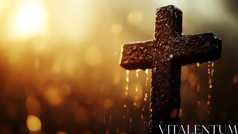 Photorealistic wet stone cross in backlit golden bokeh field.