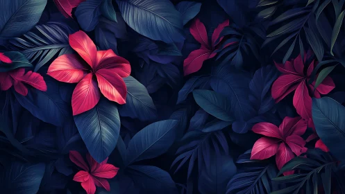 Red tropical flowers overlay deep blue foliage in darkness