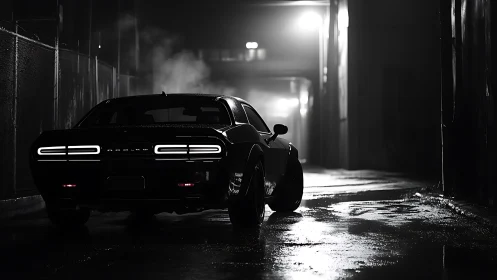 Muscle car taillights cut through wet monochrome alleyway night.