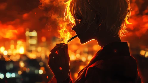 Silhouetted figure smokes against defocused urban dusk