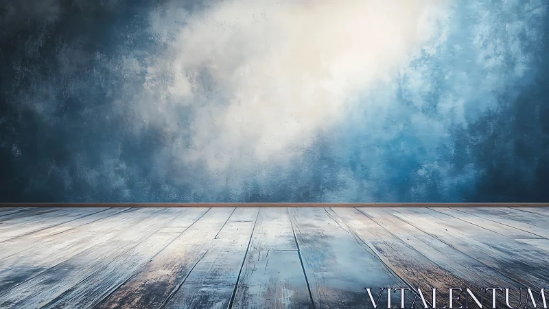 Calm blue studio corner where wooden floors meet light.