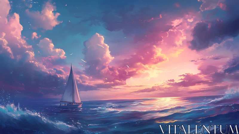 Sailboat crossing glowing ocean at vivid sunset sky.