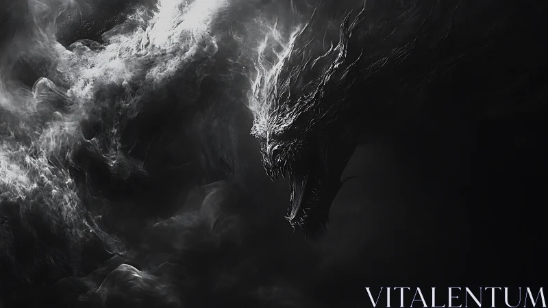 Monochrome spectral dragon head emerges from dense vapor