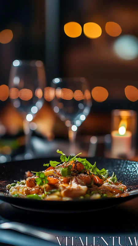 Gourmet plated entr&eacute;e under shallow depth-of-field bokeh lighting.