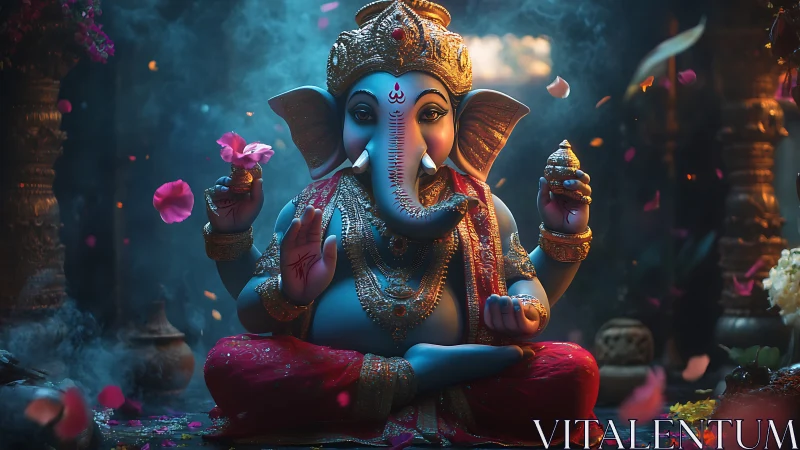 Ganesha idol rendered in cinematic 3D lighting and vivid color depth