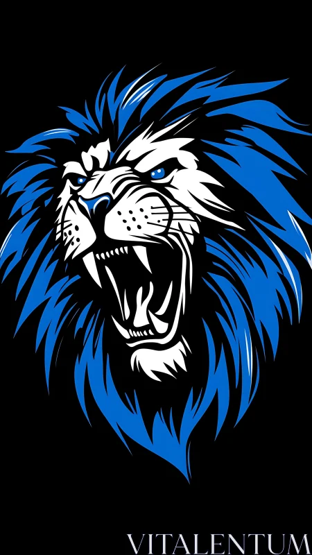 Roaring lion head graphic uses bold blue and white linework