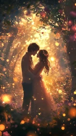 Silhouetted Couple Embracing Within Golden Particle Light Tunnel