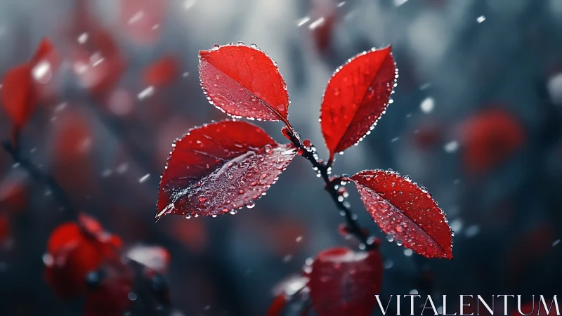 Red leaves with water droplets in soft blurred background.