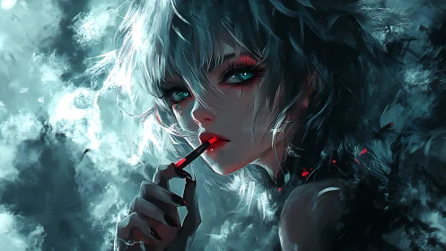 Nocturnal femme silhouette with crimson cosmetic accent.