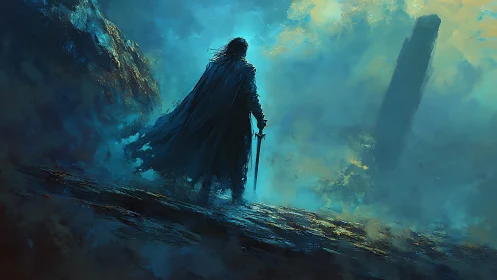 Solitary cloaked figure with sword in misted rocky terrain.
