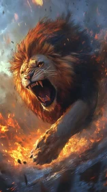 Digital lion lunging forward through fire and embers.