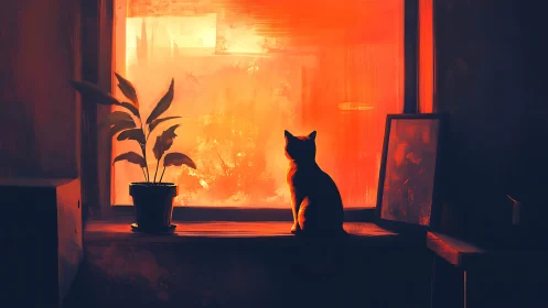 Cat Silhouette on Windowsill with Interior Lighting