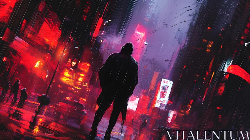 Midnight wanderer in neon drenched cyberpunk rainstorm.