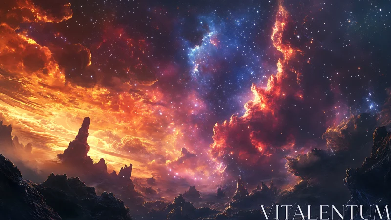 Cosmic nebula and rocky terrain form a layered space vista