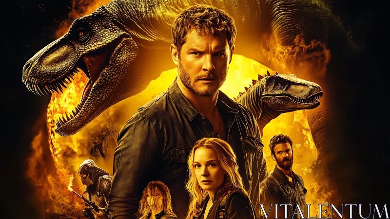Cinematic heroes and dinosaurs in fiery golden tableau.