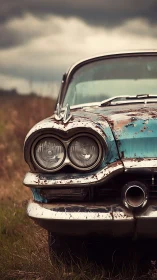 Weathered vintage car front in overcast rural field.