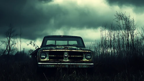 Rust ghost pickup staring down a storm-torn horizon.