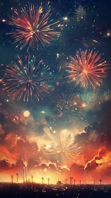 Fireworks explode over glowing sunset carnival skyline.