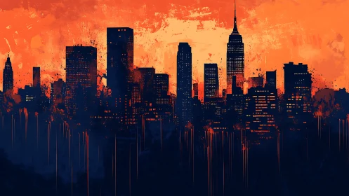 Bold orange city skyline silhouette over dark foreground.