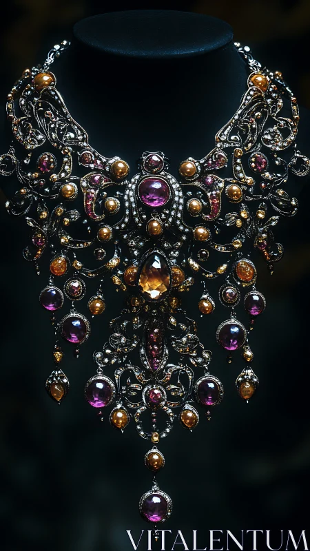 Baroque gemstone necklace rendered in dramatic chiaroscuro lighting