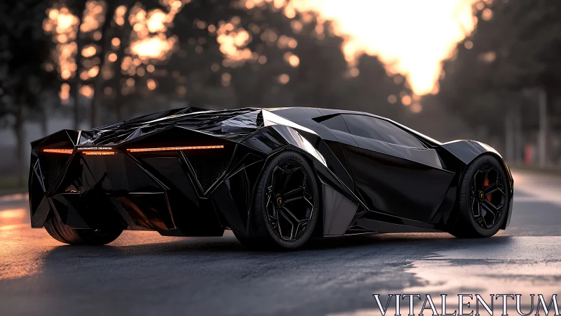 Sleek black supercar glowing gently in the soft sunset light.
