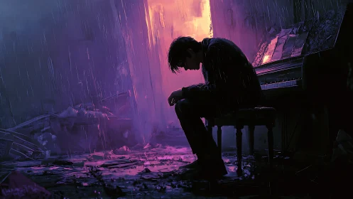 Solitary pianist in neon-graded derelict interior, rainfall study.