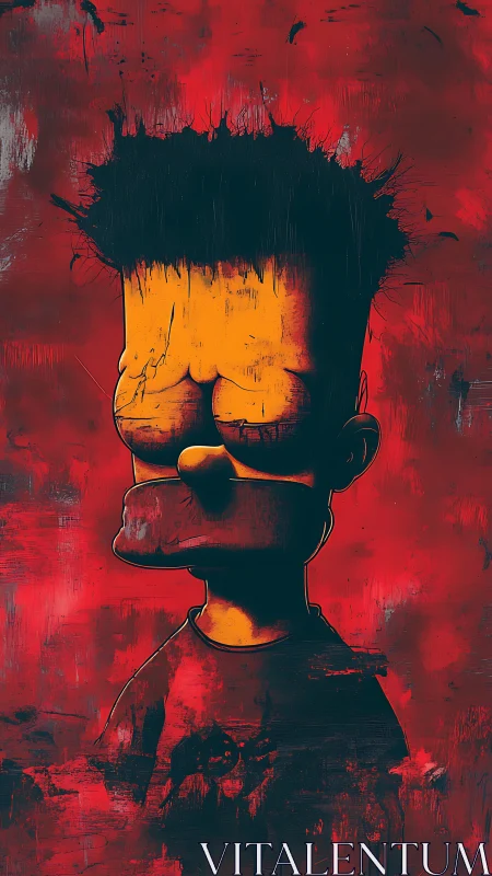 Moody cartoon boy portrait on intense red background.