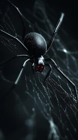 Nocturnal black spider with glowing red eyes on web strands.