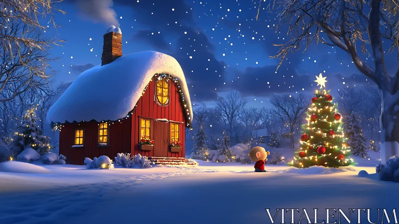 Snowy cottage glows softly beside a child’s Christmas tree