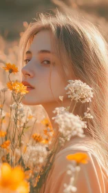 Sunlit girl resting softly among golden meadow flowers.