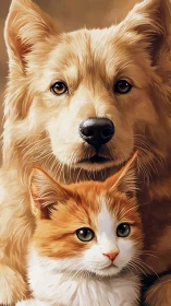 Dog and Cat Portrait: Warm-Toned Digital Artwork.