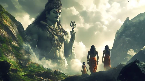 Colossal mountain deity and pilgrims in atmospheric convergence.