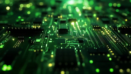 Glowing green circuit board renders dense electronic pathways