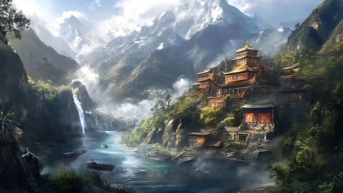 Epic river valley temple citadel under snowcapped mountain massif