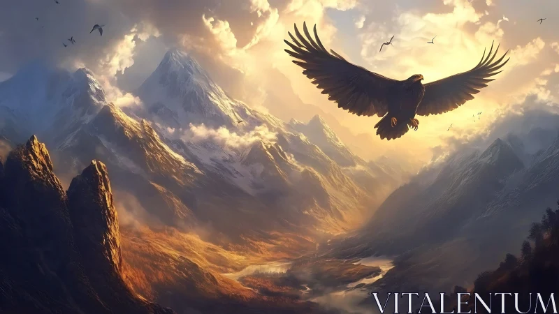 Majestic Eagle Soaring Over Dramatic Mountain Landscape at Sunrise.