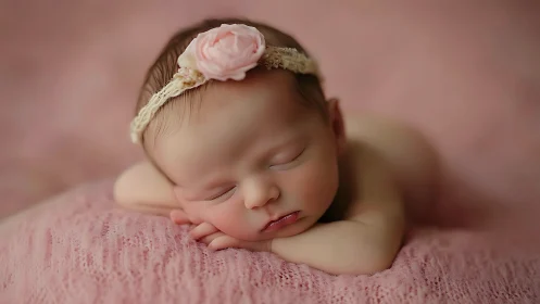 Newborn Infant Portrait with Floral Headband on Textured Muslin Backdrop