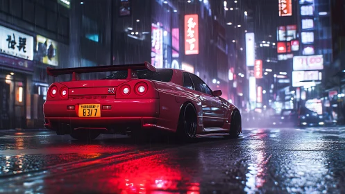 Red tuner skyline under neon rain in Tokyo side street.