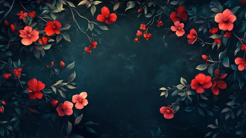 Red Flowers on Dark Blue Background Frame.