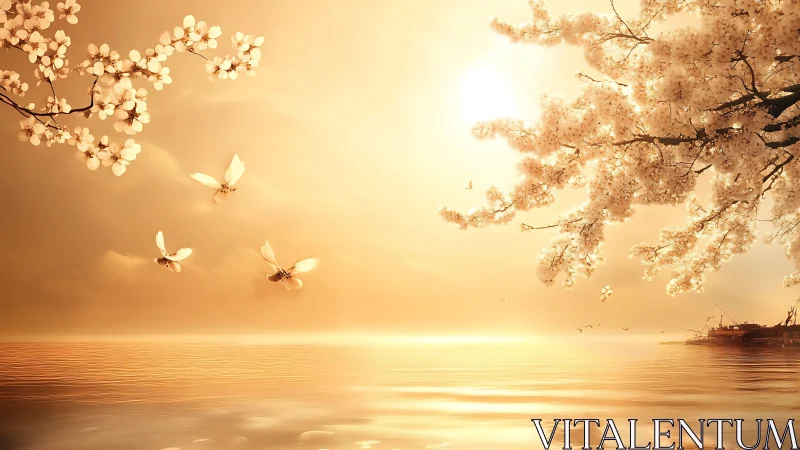 Golden dusk over tranquil sea with drifting blossoms.