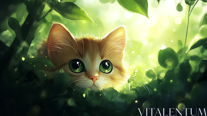 Cat with green eyes in foliage with luminous bokeh.