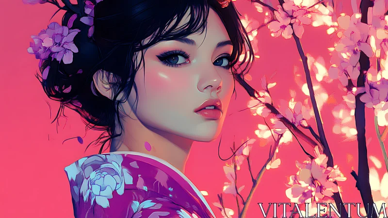 Elegant girl in kimono gazes softly among glowing blossoms