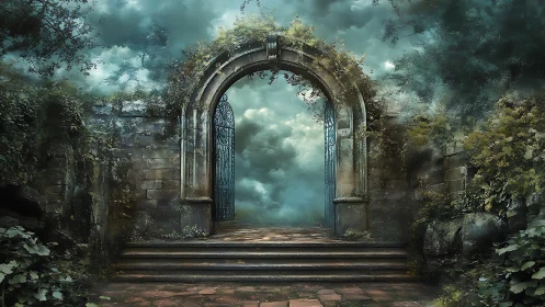 Enchanted stone archway to mist-laden ethereal realm.