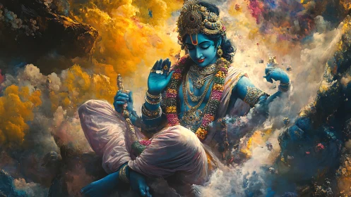 Serene blue deity drifting through swirling cosmic clouds.