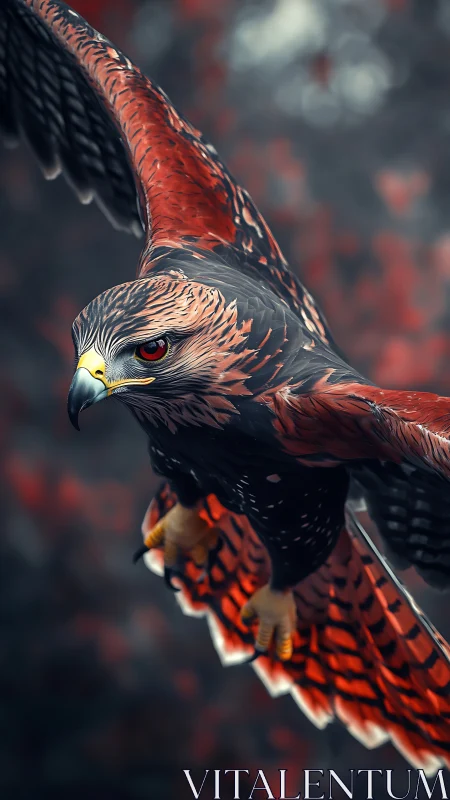 Crimson-winged hawk gliding through blurred dusk forest sky.