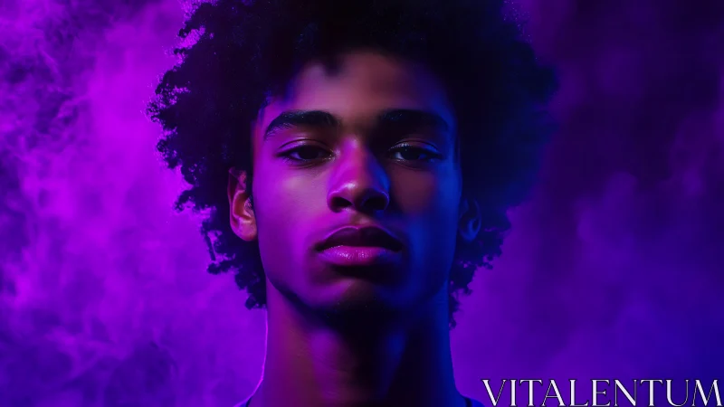 Portrait in neon violet haze with cinematic rim lighting.